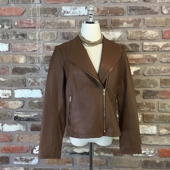 Cole Haan Jackets & Blazers - COLE HAAN Women's Mocha Brown Leather Molded Collar Asymmetric Jacket M